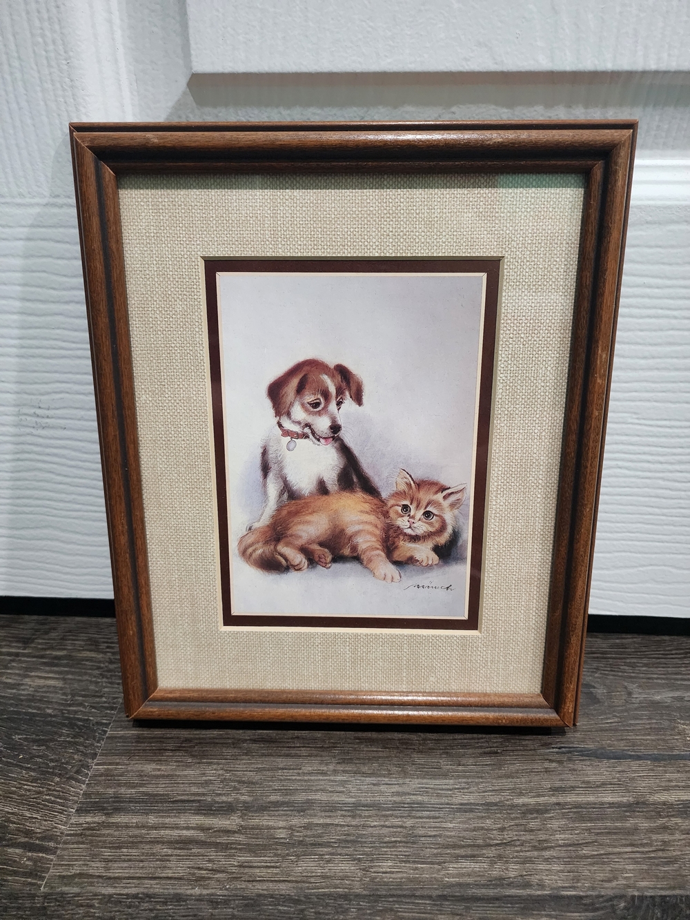Vintage Framed Puppy and Kitten Purrfect Friends Wall Hanging 1980s